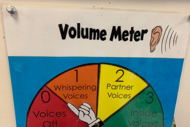 Volume meter με έναν δείκτη να δείχνει 0: voices off, 1, whispering voices, 3: partner voices, 4: inside voices